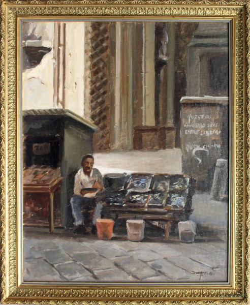 Venditore di pesce, dipinto ad olio su cartone telato firmato, cm 50 x 40, entro cornice.