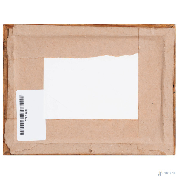 Lastra in pietra con commessi a vari marmi, primo XX secolo, cm 7,5x13, entro cornice