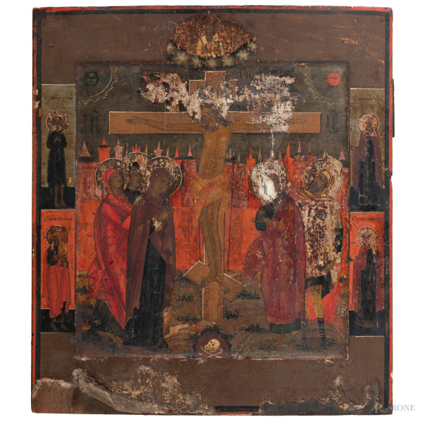 Icona raffigurante Crocifissione, XIX secolo, tempera su tela applicata su tavola, cm 35x30, (segni di usura, difetti, cadute di colore, abrasioni, mancanze, lacerazioni)