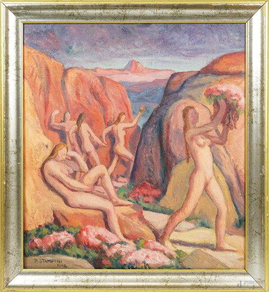 Le Vergini delle rocce, olio su tela, firmato e datato P. Stampini 1945, cm 53,3x49, entro cornice