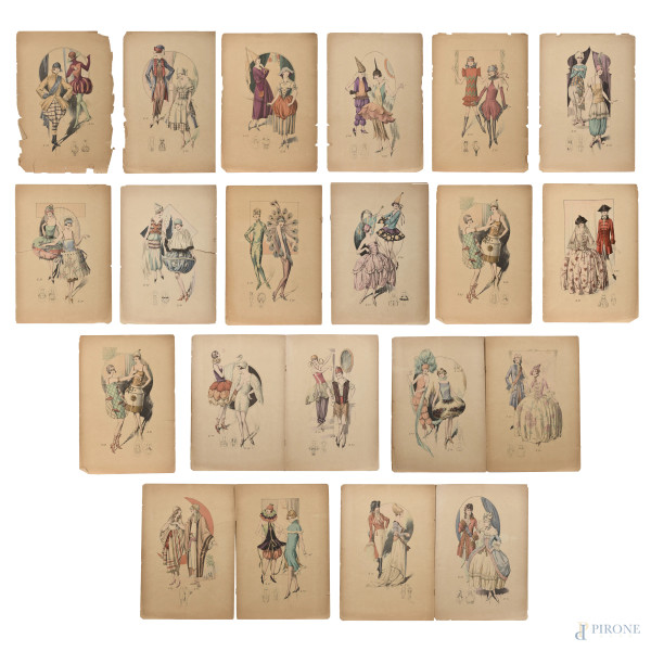 Lotto di pagine di rivista di moda, primi anni del XX secolo, cm 39,28,  (segni di usura, tracce di umidità, gore, foxing, lacerazioni della carta, tracce di piegatura)