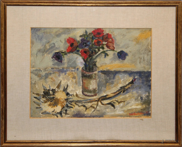 Natura morta, Vaso con fiori, olio su tela applicato su cartone, firmato Bartolini, cm 40 x 50.