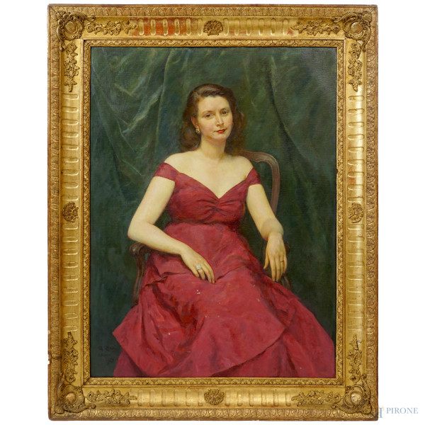 Giuseppe Carosi - Ritratto di donna, olio su tela, cm 103x78, entro cornice