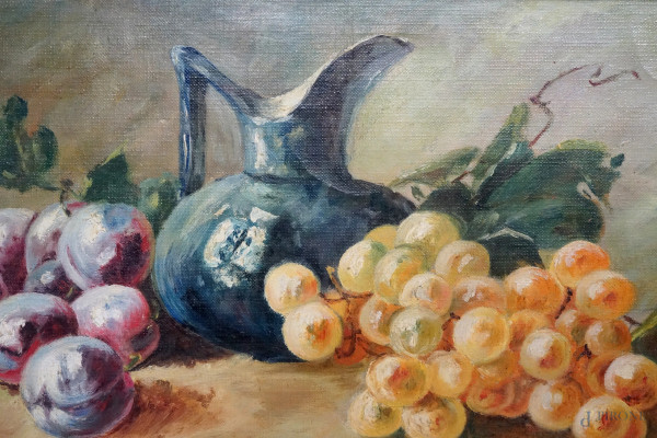 Coppia di nature morte, olio su tela applicata su cartone, firmati e datati "919" in basso a dest...