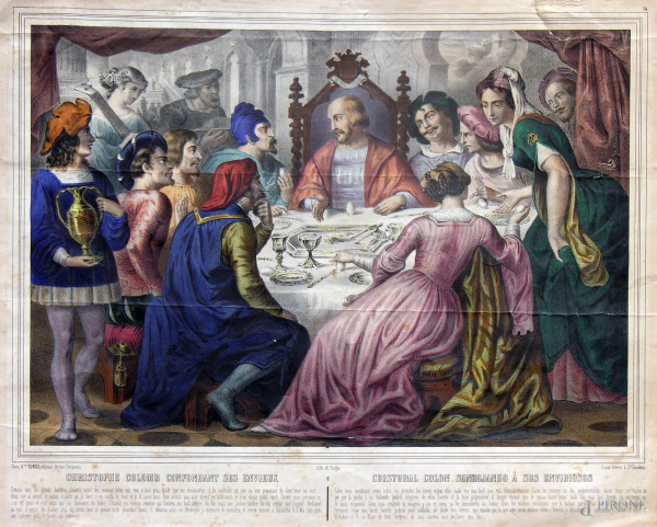 Louis Auguste Turgis, Cristoforo Colombo confonde gli invidiosi, antica cromo-litografia a colori, cm 51x41, Turgis Editeur, 1860    
