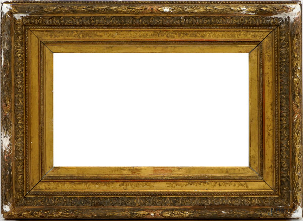 Cornice francese del XIX secolo, in legno e stucco dorato, misure luce cm 28,5x47,5, misure ingombro cm 50,5x68,5, (difetti)