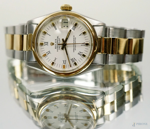Rolex, Oyster Perpetual Datejust, orologio da polso in acciaio, con quadrante bianco, diam. della cassa cm 3, funzionante