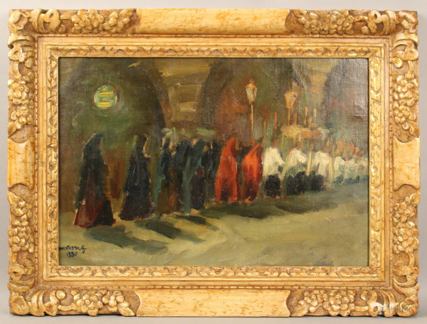 La processione, olio su tela,  37,5x55 cm, firmato G.Mentessi 1880, entro cornice.