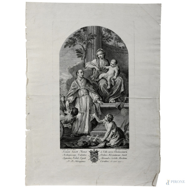 Madonna con Bambino e San Tommaso da Villanova, XVIII-XIX secolo, incisione su carta, cm 43,5x32, (segni di usura, tracce di umidità, gore, foxing, lacerazioni della carta, tracce di piegatura)