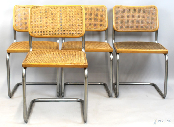 Quattro sedie modello Cesca, struttura in metallo tubolare cromato, sedute e schienali in legno naturale e cannetté, cm 84x47x56, XX secolo, (difetti).
