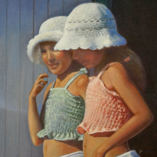 La sfilata dei bambini 2004, olio su cartone telato, firmato a tergo Paola de Luigi, cm 60x40, en...