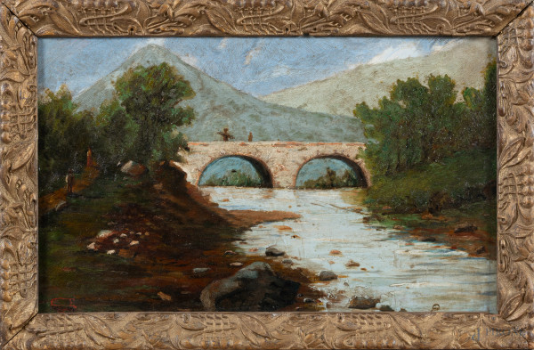 Paesaggio fluviale con ponte, XIX-XX secolo, olio su tavoletta, cm 20x32, siglato in basso a sinistra, entro cornice, (lievi segni di usura, difetti, fori di tarlo)