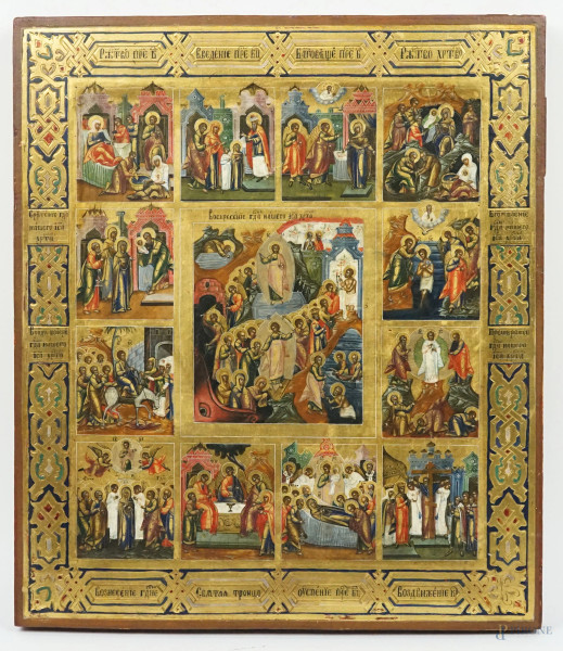 Icona raffigurante "Le Dodici grandi feste" realizzata a tempera su tavola, cm 35,5x30,5, Russia, XIX secolo,  (difetti)
