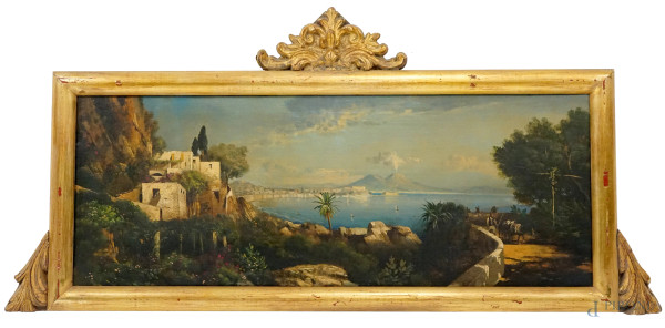 Pittore del XX secolo, Golfo di Napoli, olio su tela, cm 30x80, entro cornice intagliata in legno dorato.