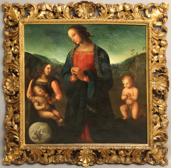 Dal Perugino, La Madonna del Sacco, olio su tela, cm 84x84, entro cornice.
