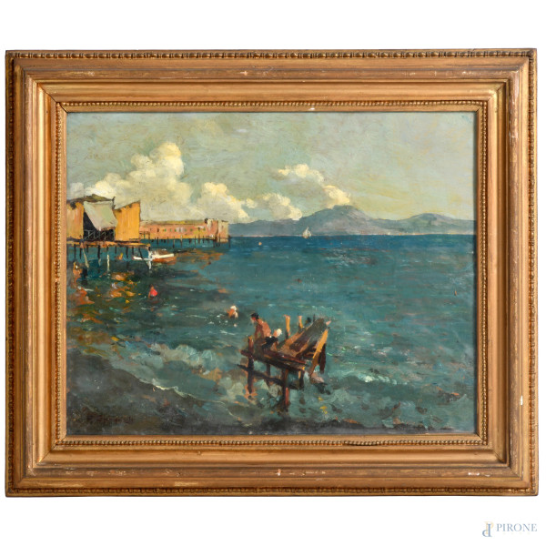 Mare con bagnanti, olio su cartoncino, cm 33x41,5, firmato in basso a sinistra, entro cornice, (ondulazioni del supporto)