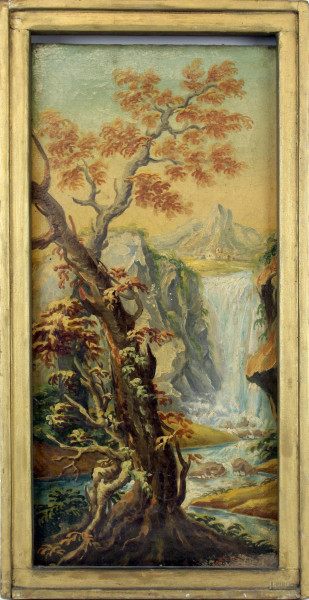 Paesaggio con alberi e cascata, olio su tela, cm 51x24, firmato, entro cornice.