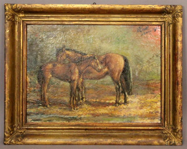 Cavalli, olio su cartone, cm. 30x40, firmato e datato, entro cornice.