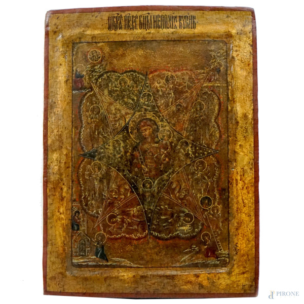 Icona Madre di Dio del roveto ardente, Russia, fine XVIII- inizi XIX secolo, tempera su tavola, cm 32x24, (difetti e restauri).