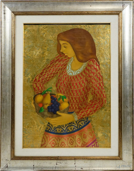 Giovanni Pirandello - Composizione-donna con cesta di frutta, olio su tavola, cm 70x50, entro cornice