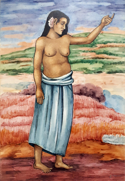 Seguace di Paul Gaugin, Ragazza tahitiana, dipinto su maiolica, cm 30x20