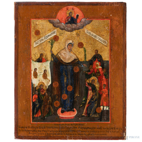 Icona raffigurante Madonna tra santi, arcangeli e personaggi biblici, XIX secolo, tempera su tavola, cm 27x22, (segni di usura, scalfiture, sollevamenti e cadute di colore)