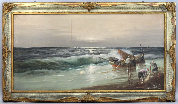 Marina con imbarcazioni, olio su tela, cm 60x120, firmato, entro cornice