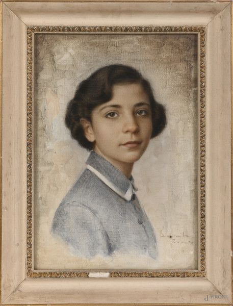 Ritratto di giovane, XX secolo, stampa su tela, cm 44x30, firmato in basso, entro cornice