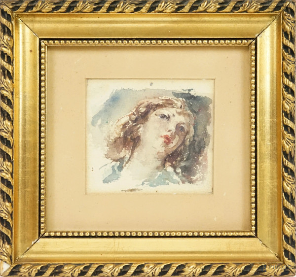 Ritratto di donna, acquerello su carta, XX secolo, cm 9,5x9,5 circa, entro cornice