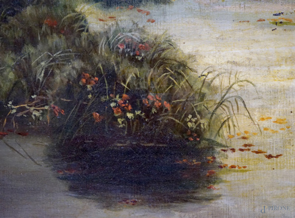 Verso sera nelle Paludi pontine, olio su tela, cm 48x84,5, siglato e datato "MRD 1916" in basso a...