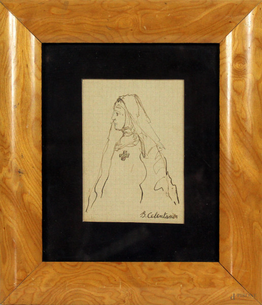 Studio di monaca, china su carta, cm. 12,5x9,5, a firma B. Celentano, entro cornice.