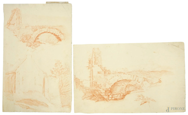 Attr.a Jean Honoré Fragonard (1732-1806), lotto di due studi di paesaggi, sanguigna su carta, cm 20,5x32,5