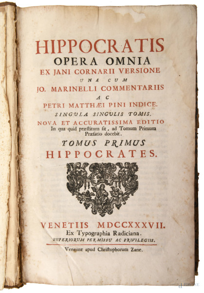 Hippocratis Opera Omnia [...],voll. I-III, Venezia 1737-1739, (segni di usura, rotture, strappi, mancanze, difetti)