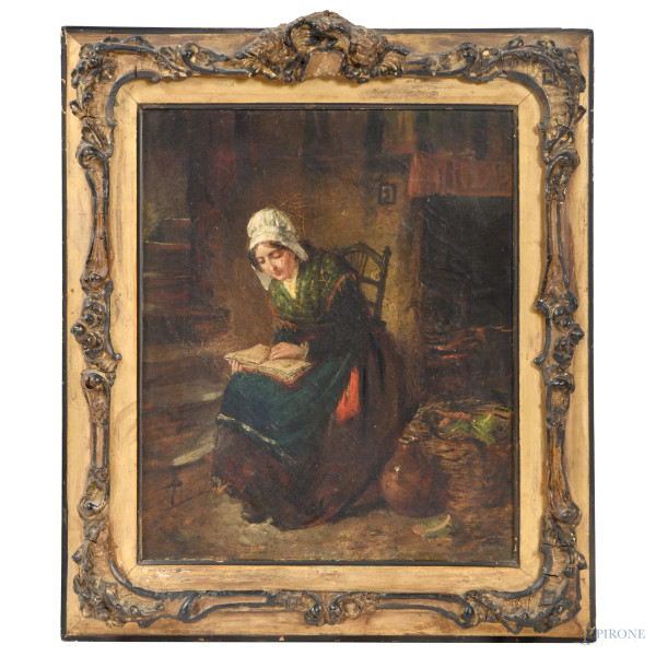 Fanciulla con libro, XIX-XX secolo, olio su tela, cm 36x29,5, entro cornice, (craquelure, sollevamento del pigmento, ondulazioni)