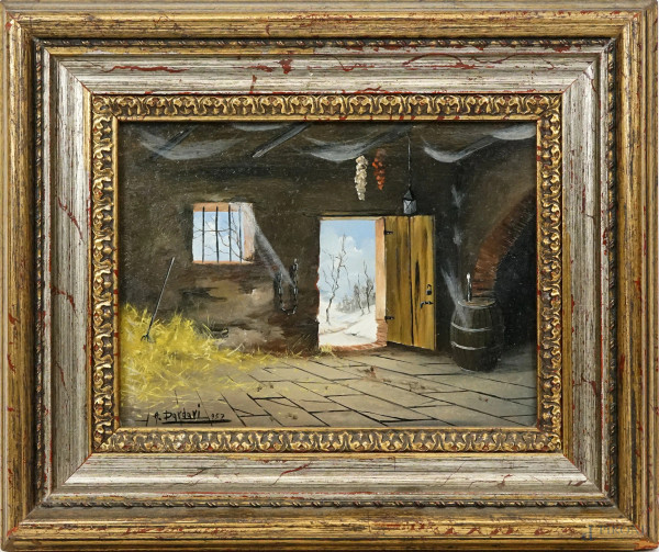 Interno di chalet, olio su masonite, cm 13x18, firmato Alfano Dardari, entro cornice.