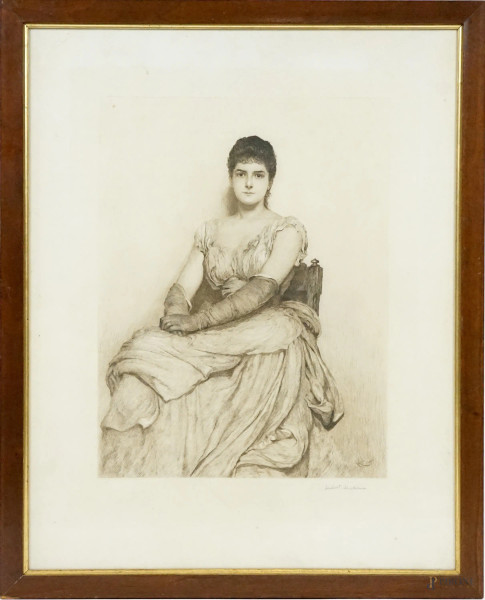 The Lady in White (Miss Grant), acquaforte, cm 69,5x54,5, firmato Hubert von Herkomer, entro cornice.