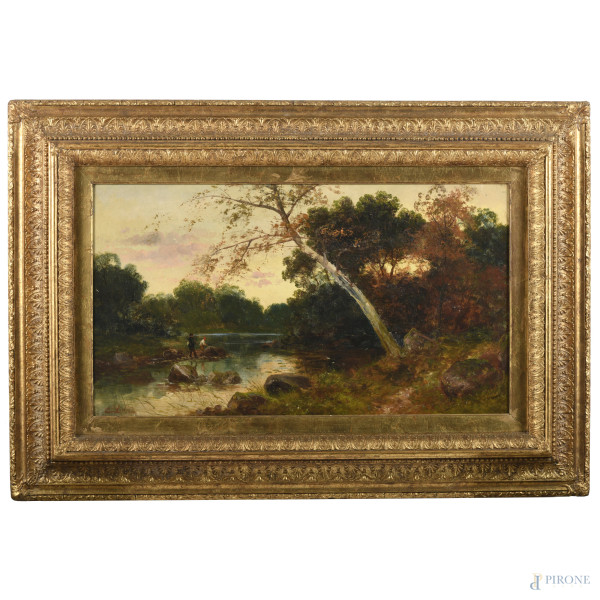 Paesaggio fluviale con figure, XIX-XX secolo, olio su tela, cm 45,5x81,5, firmato in basso a sinistra, entro cornice, (piccoli sollevamenti di colore e tela da ritensionare)