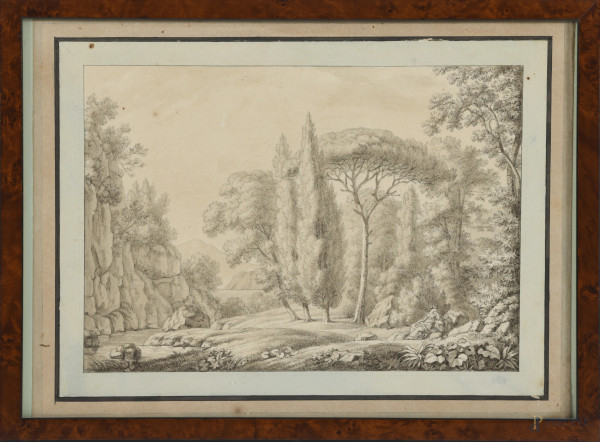 Christoph Heinrich Kniep (1755 – 1825), Paesaggio con figura femminile seduta, grafite e inchiostro su carta, cm 23,5x32, entro cornice, (segni di usura, tracce di umidità, foxing)