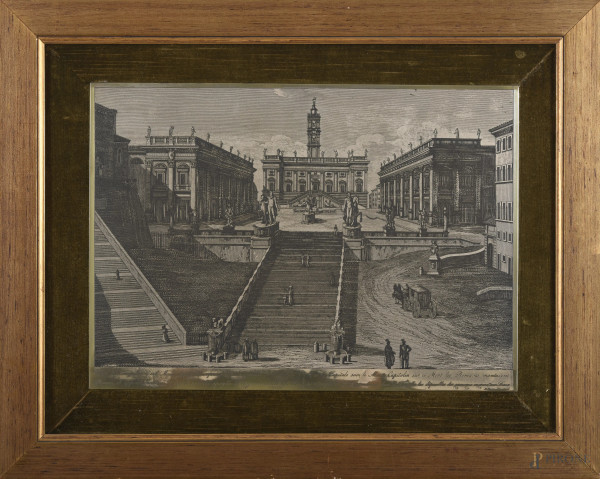 Incisione su argento 800/000 raffigurante il Campidoglio, cm 26x36, entro cornice
