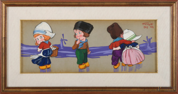 Coppia di dipinti raffiguranti fanciulli, tempera su carta, firmati e datati "Marchetti 1943", cm 19x49,5, entro cornice