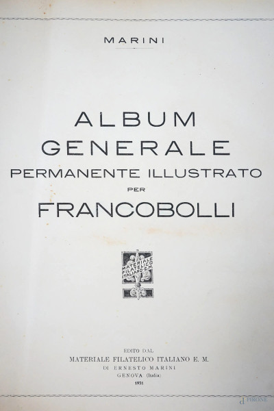 Marini, Album generale permanente per francobolli, Edito dal materiale Filatelico E.M., 1931, due volumi, (difetti, macchie e pagine recise).