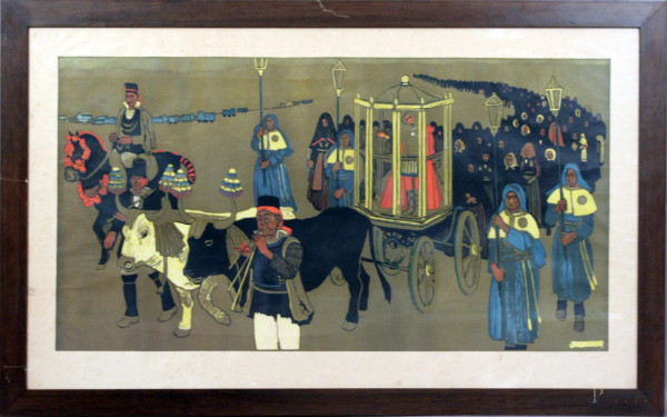 Giuseppe  Biasi Da Teulada - Festa patronale sarda, litografia, cm. 59x100, entro cornice.