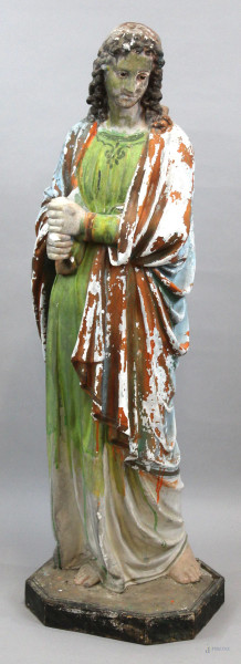 Statua in gesso dipinto raffigurante santo, occhi in vetro, base in legno, cm h 132, prima metà XX secolo,  (difetti e mancanze)