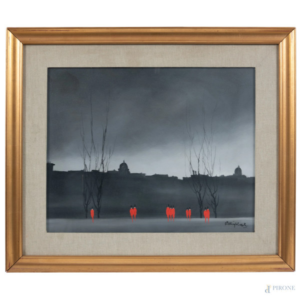 Scorcio di città con figure in rosso, XX secolo, olio su tela, cm 41x51, firmato in basso a destra, entro cornice