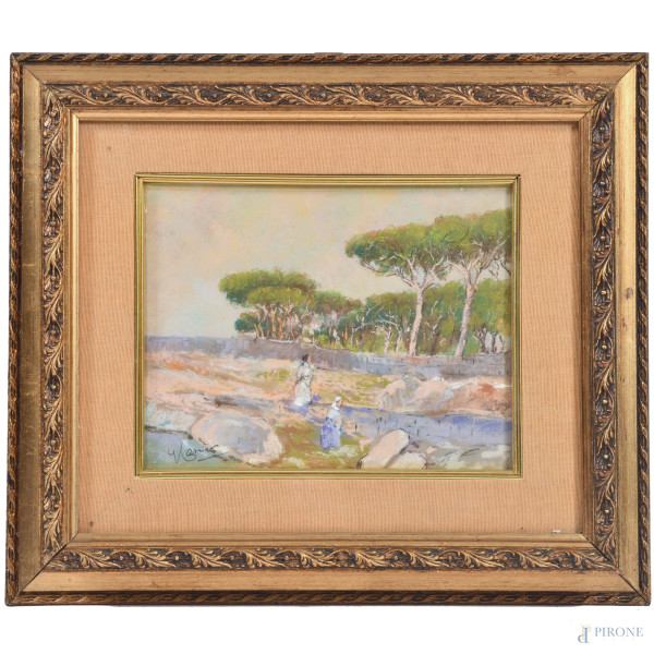 Paesaggio con figure, tecnica mista su carta, cm 19,5x24,5, entro cornice, firmato in basso a sinistra