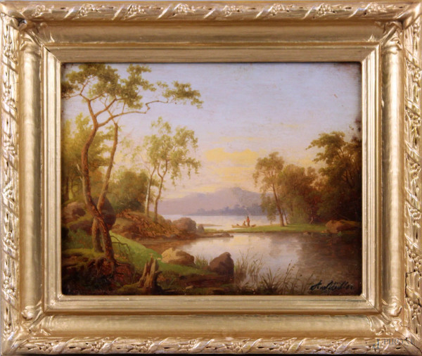 Paesaggio fluviale con pescatori, olio su tavola 27x34 cm, firmato, entro cornice.