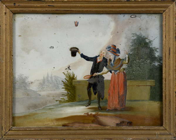 Il volano, XIX-XX secolo, dipinto sottovetro, cm 26x20, entro cornice, (segni di usura, cadute di pigmento, difetti)