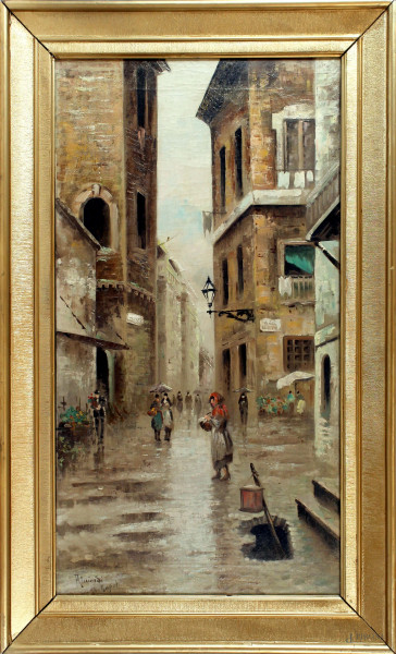 Scorcio di Napoli con figure, olio su tela, cm 74x39, firmato Ricciardi, entro cornice