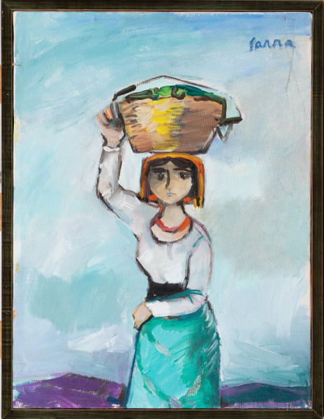 Manlio Sarra (1909-1986), Fanciulla con cesta, olio su tela, cm 40x30, firmato in alto a destra, entro cornice, (lievi segni di usura)
