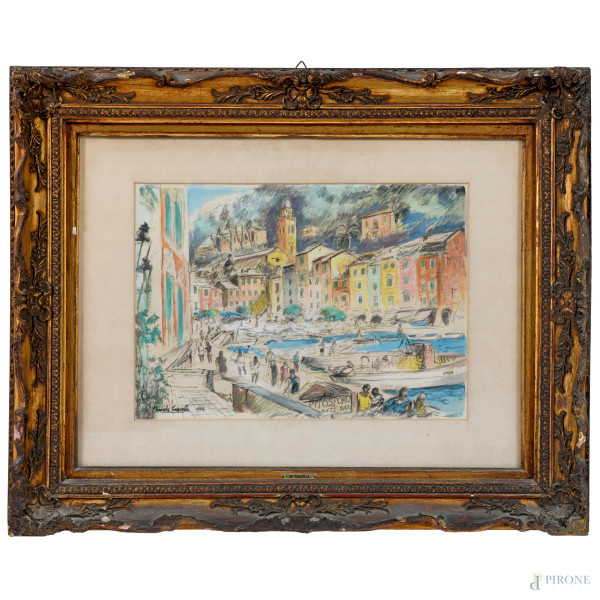 Portofino, tecnica mista su carta, firmato  e datato in basso a sinistra "1974, misure cm 29,5x39,5, entro cornice